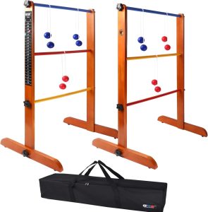 two ladders for ladder toss game with balls with strings attached 