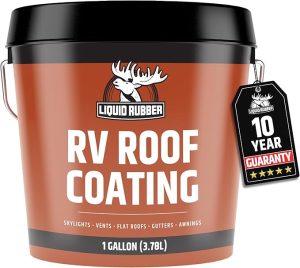 red brown bucket of rv roof coating with 10 year warranty tag